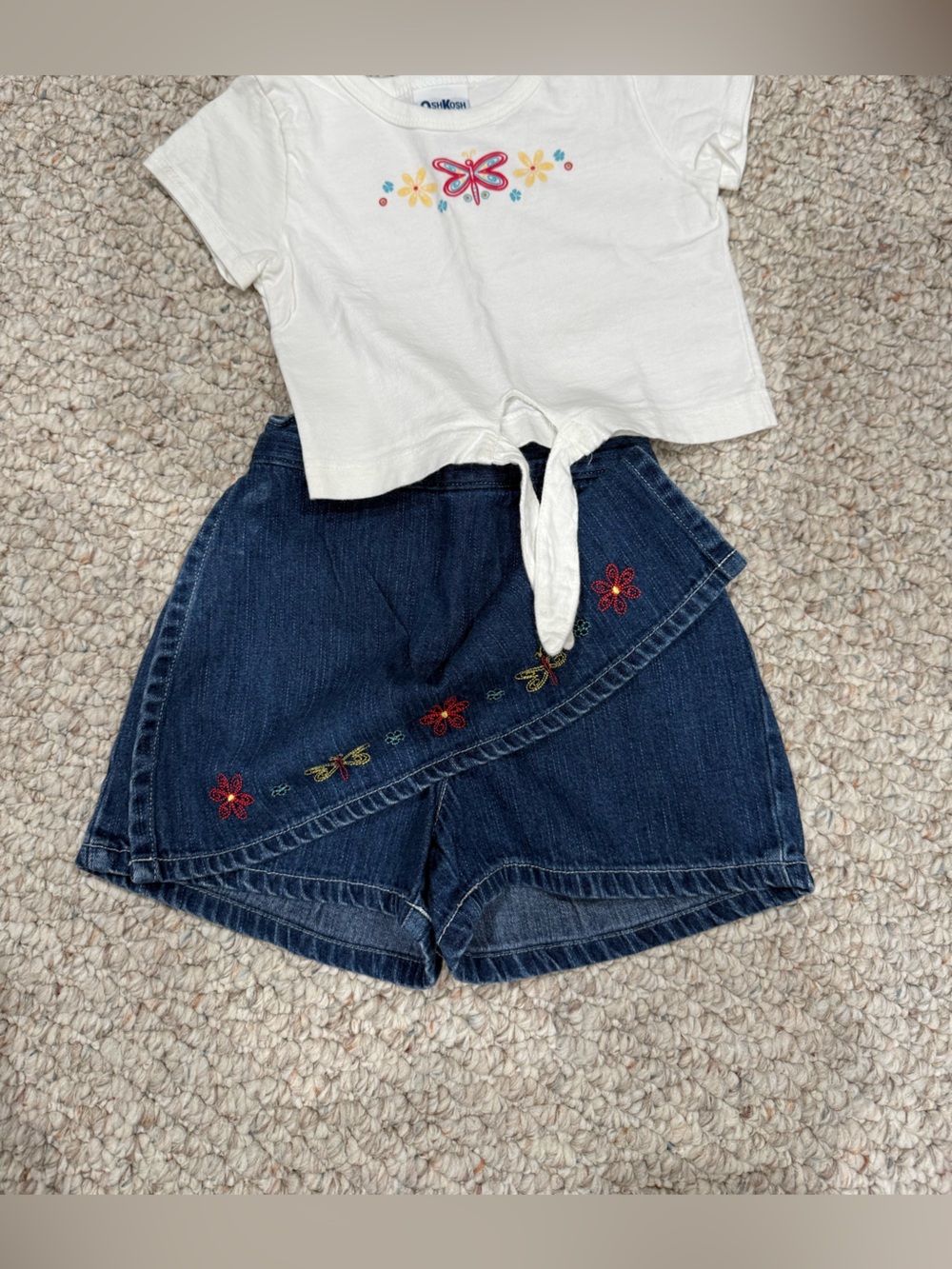 OshKosh B'gosh Dark Blue Denim Skort with Red & Yellow Floral Embroidery